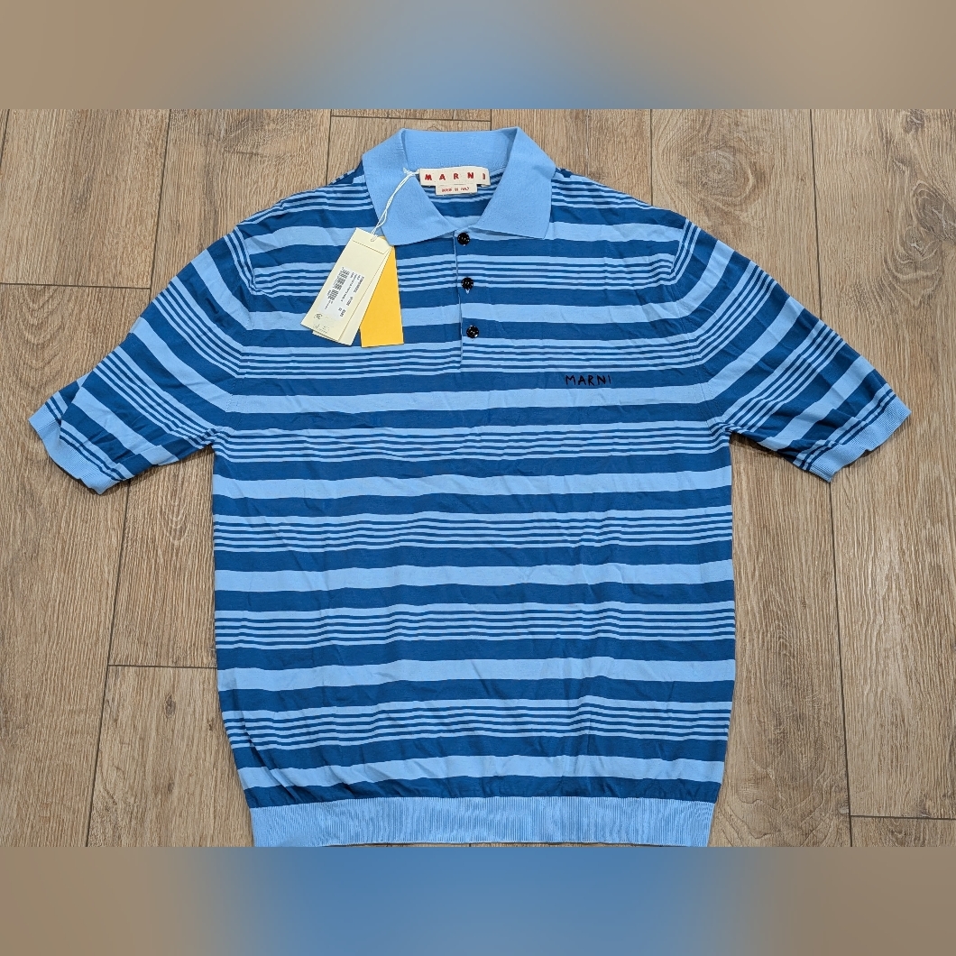 $835 Mens Marni Striped Polo Sweater Blue Multi 52 Us Xl